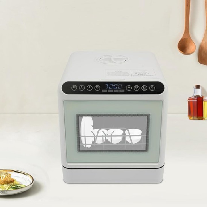 Masina de spalat vase compacta Corenia QRE-1003258, portabila cu rezervor 6 L, 4 programe, uscare cu aer cald, pana la 72°C, capacitate 4–6 persoane, reglaj touch, 52 dB, clasa energetica F, alb, 41 x 46 x 46 cm