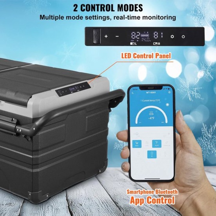 Frigider portabil Corenia QRE-1002783, cu compresor, alimentare 12/24V si 100-240V, temperatura reglabila -20°C–20°C, Bluetooth cu aplicatie, silentios 45 dB, cu roti si maner telescopic, negru/gri, 95 L