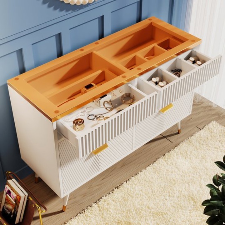 Comoda de depozitare Corenia QRE-1001913, 6 sertare, cadru din bambus cu sertare ambar si manere aurii, organizator interior pentru bijuterii, alb/ambar, 68,5 cm (≈90 L)