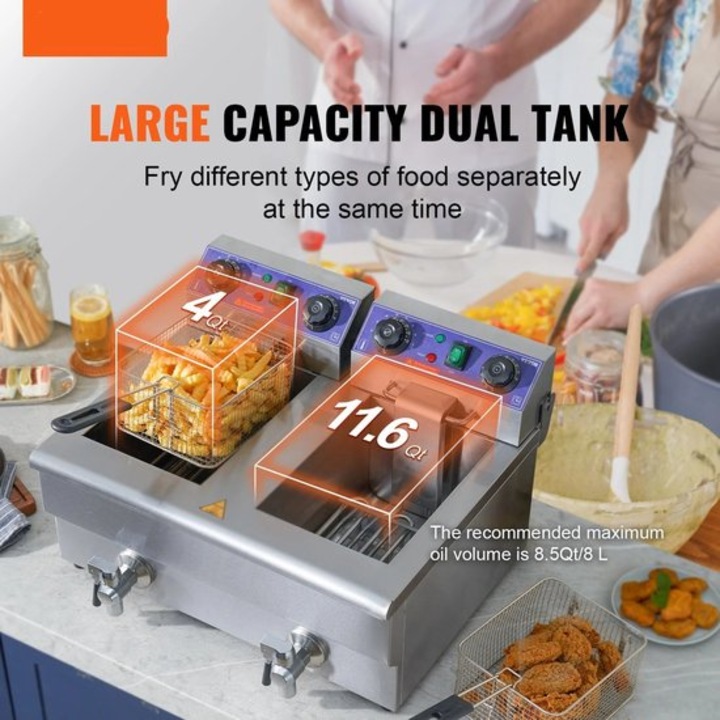 Friteuza electrica comerciala cu doua cuve Corenia QRE-1004060, 3000 W, cuve din inox, temporizor si filtru, capacitate 4 qt/11.6 qt (max ulei 8,5 qt/8 L), argintiu