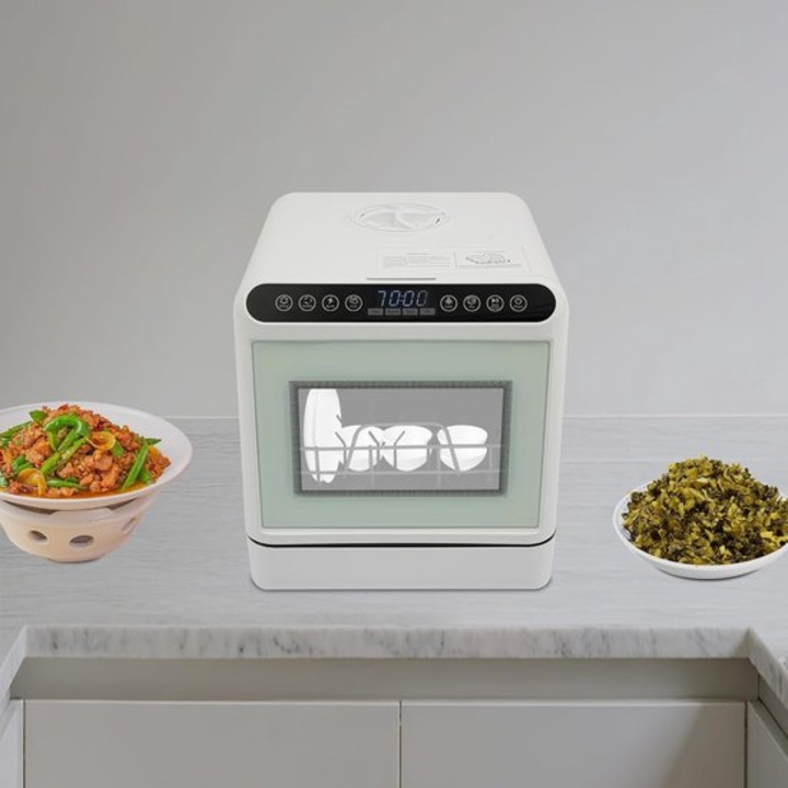 Masina de spalat vase compacta Corenia QRE-1004750, mini plug & play cu rezervor 6L, sterilizare 72°C si uscare cu aer cald, alb, 41 x 46 x 46 cm