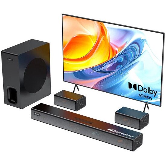 Soundbar set Corenia QRE-1004323, 7.1 canale, Dolby Atmos, subwoofer wireless 6,5 inch, HDMI eARC, Bluetooth 5.3, negru