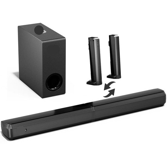 Soundbar Corenia QRE-1003980 4.1ch detasabil (2-in-1) 200W, Bluetooth 5.3, subwoofer 7.2L cu fir, HDMI ARC/optic/AUX/USB, negru, 440 x 270 x 156 mm