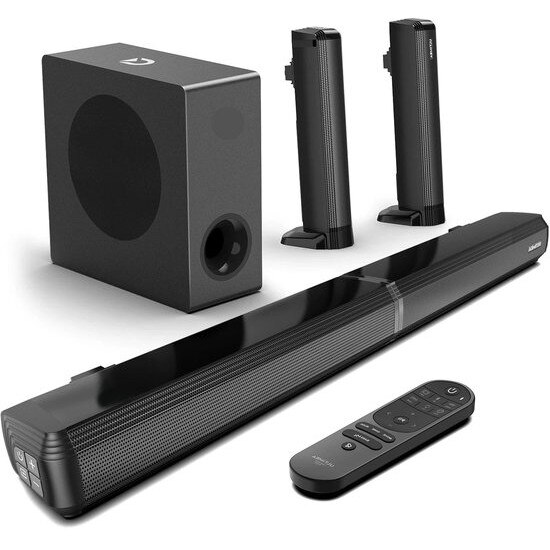 Soundbar Corenia QRE-1003980 4.1ch detasabil (2-in-1) 200W, Bluetooth 5.3, subwoofer 7.2L cu fir, HDMI ARC/optic/AUX/USB, negru, 440 x 270 x 156 mm