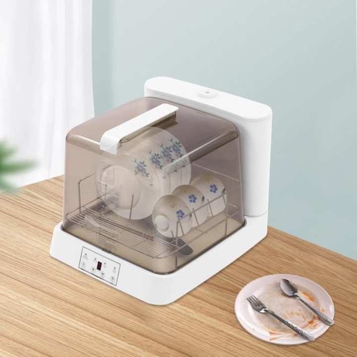 Masina de spalat vase portabila Corenia QRE-1004396, rezervor 6 L, 4–5 seturi, sistem de pulverizare 360°, 800 W, programe (30/45/15 min, 65°C), alb/brun, 48 x 38 x 40 cm