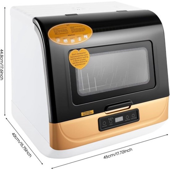 Masina de spalat vase compacta Corenia QRE-1003233, 800 W, capacitate 4–6 seturi, 3 programe, pulverizator 360°, curatare cu aburi, Clasa A, Multicolor, 45 x 40 x 44,8 cm
