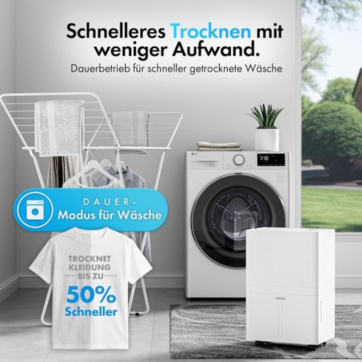 Dezumidificator Corenia QRE-1005146, 30 l/zi, rezervor 5,3 l, Wi‑Fi cu aplicatie, compatibil Alexa/Google Home, evacuare automata, mod uscare rufe, silentios 44 dB, pentru pana la 40 m², alb