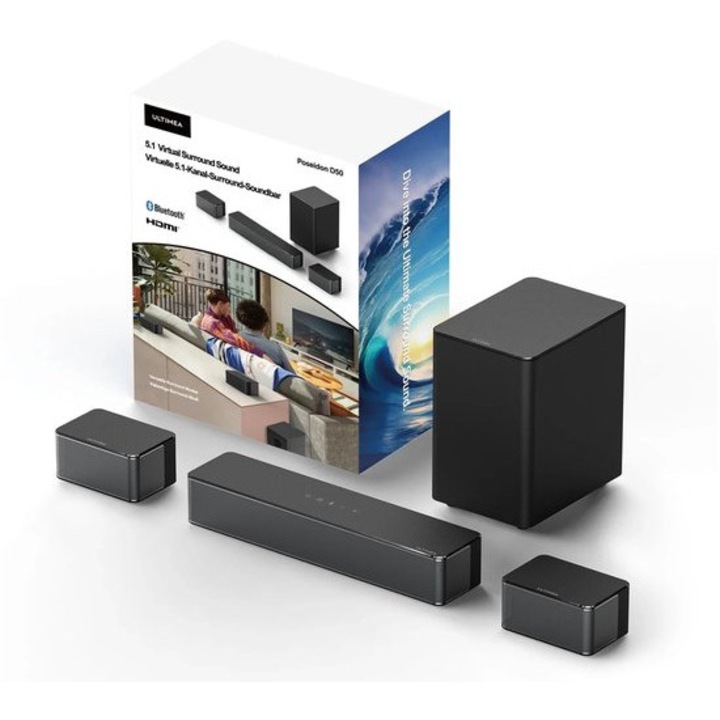 Soundbar Corenia Poseidon D50 (QRE-1005643), 5.1 virtual, 320W, 3D Surround, 50 Hz–20 kHz, Bluetooth, HDMI, cu cabluri pentru difuzoare incluse, negru