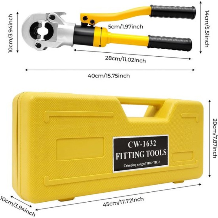 Cleste hidraulic pentru sertizare CW-1632, capacitate TH16–TH32, cu trusa de transport, galben/negru