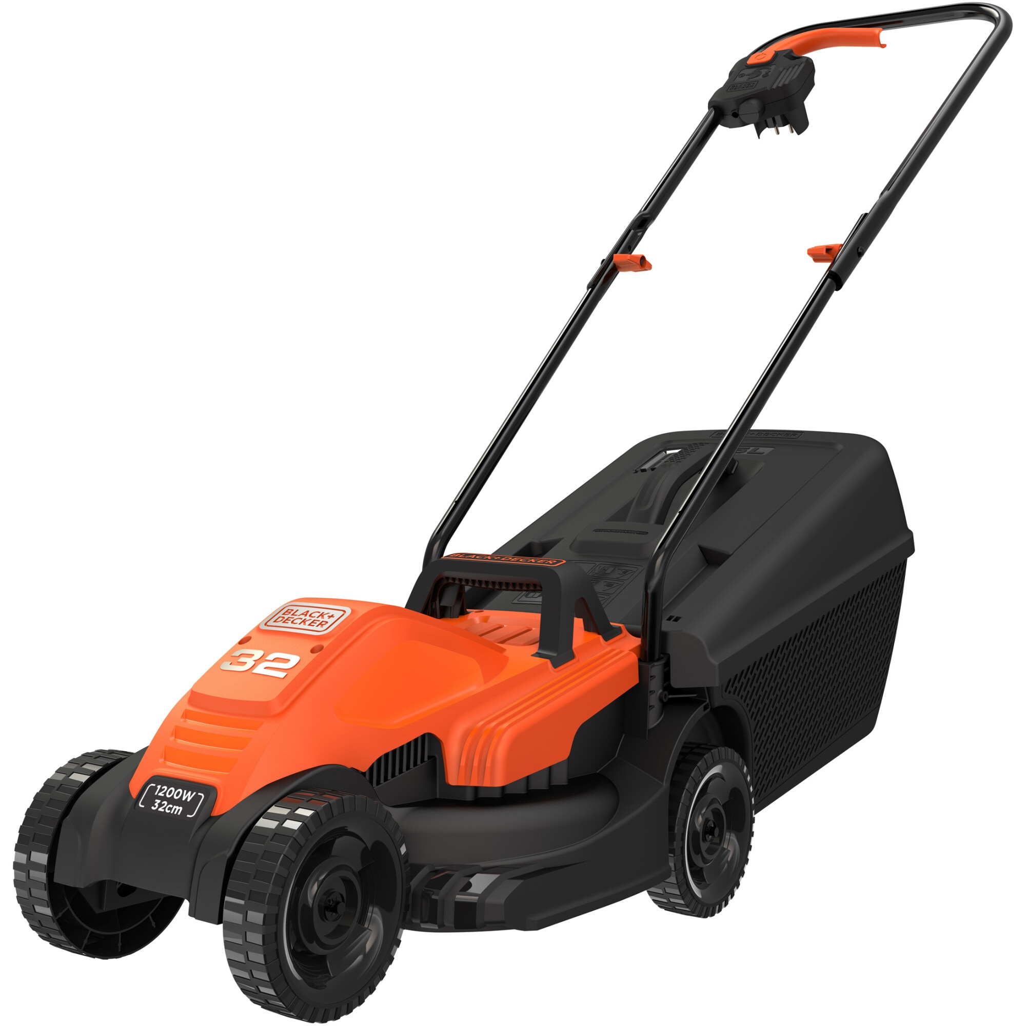Masina de tuns gazon/iarba electrica Black & Decker BEMW451-QS, putere 1200 W, latime taiere 32 cm, 3 trepte de taiere, inaltime taiere 23 - 63 mm, sac colector 35 L cu indicator d