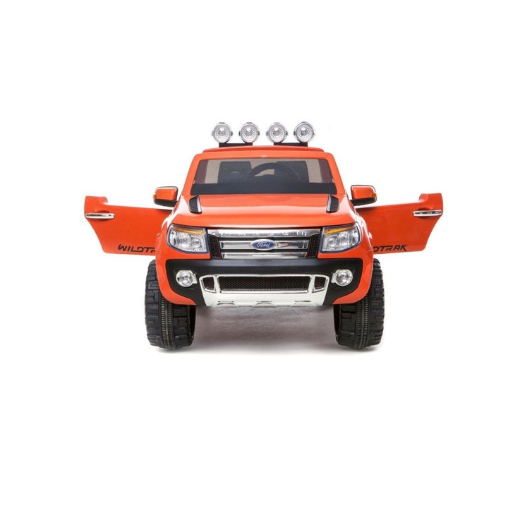 Ford Ranger 1.0 narancs Elektromos kisautó Puha kerekek, 2.4Ghz távirányító, Indító kulcs, Bőrhatású ülés, LED világítás elöl-hátul, USB csatlakozó, lakkozott stb