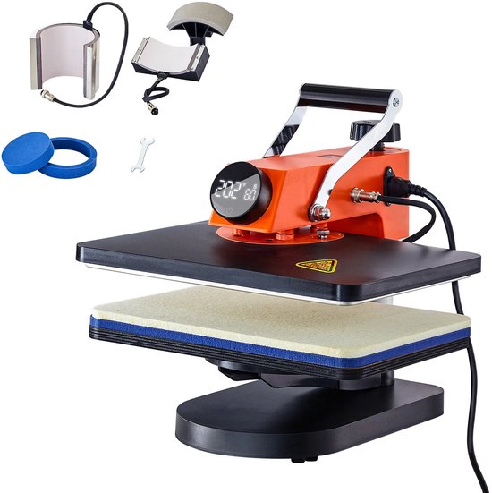 Presa termica pentru sublimare 6-in-1 Corenia QRE-1025983, platou 38x30 cm, afisaj digital, element de incalzire mica, brat rotativ 360°, portocaliu/negru