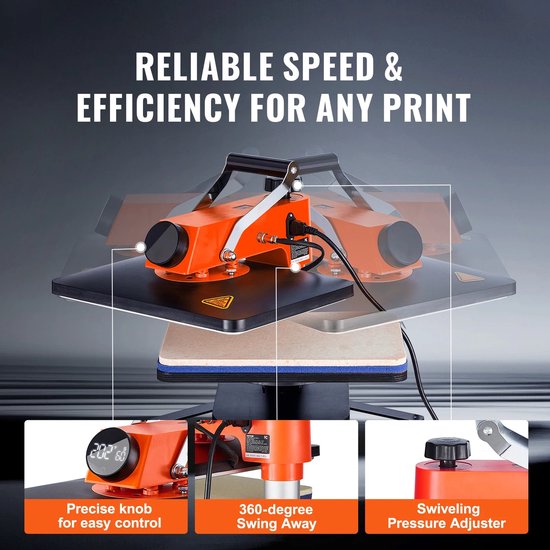 Presa termica pentru sublimare 6-in-1 Corenia QRE-1025983, platou 38x30 cm, afisaj digital, element de incalzire mica, brat rotativ 360°, portocaliu/negru