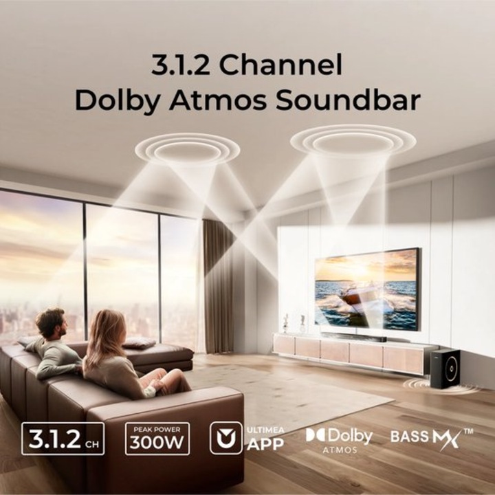 Soundbar Corenia QRE-1006707 3.1.2 Dolby Atmos, subwoofer 5,25" din lemn, HDMI-eARC, Bluetooth 5.4, 300W peak, BassMX, negru