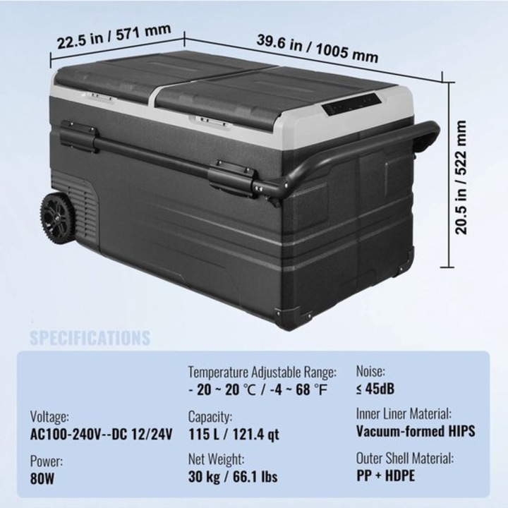 Frigider auto portabil Corenia QRE-1005860, capacitate 115 L, temperatura reglabila -20°C–20°C, alimentare AC100–240V/DC12/24V, zgomot ≤45 dB, negru/gri