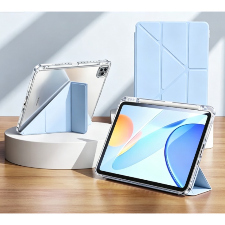 Husa compatibila cu iPad Pro 13", Generatia a 7‑a / a 8‑a, spate transparent, suport pliabil Y‑fold, slot pentru Apple Pencil Pro, functie auto‑somn si trezire, protectie TPU impotriva socurilor si indoirii albastru deschis