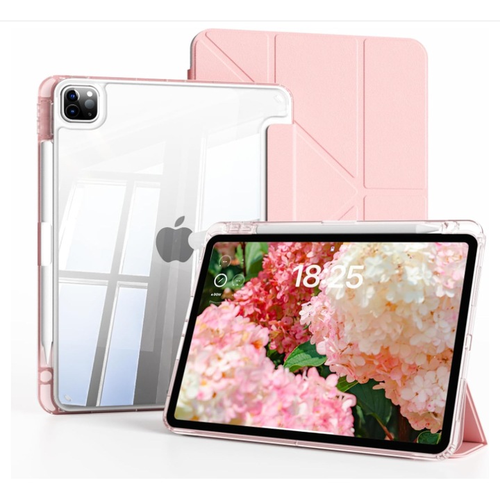 Husa compatibila cu iPad Pro 13", Generatia a 7‑a / a 8‑a, spate transparent, suport pliabil Y‑fold, slot pentru Apple Pencil Pro, functie auto‑somn si trezire, protectie TPU impotriva socurilor si indoirii roz deschis