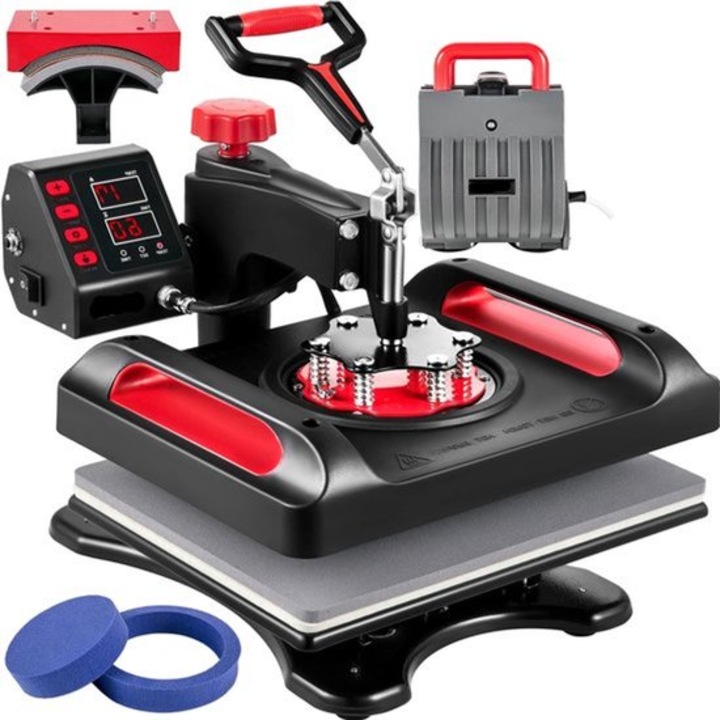 Presa termica 5-in-1 Corenia QRE-1008642, 360° swing-away, incalzire dublu-tub, afisaj digital, 12x15 inch, rosu