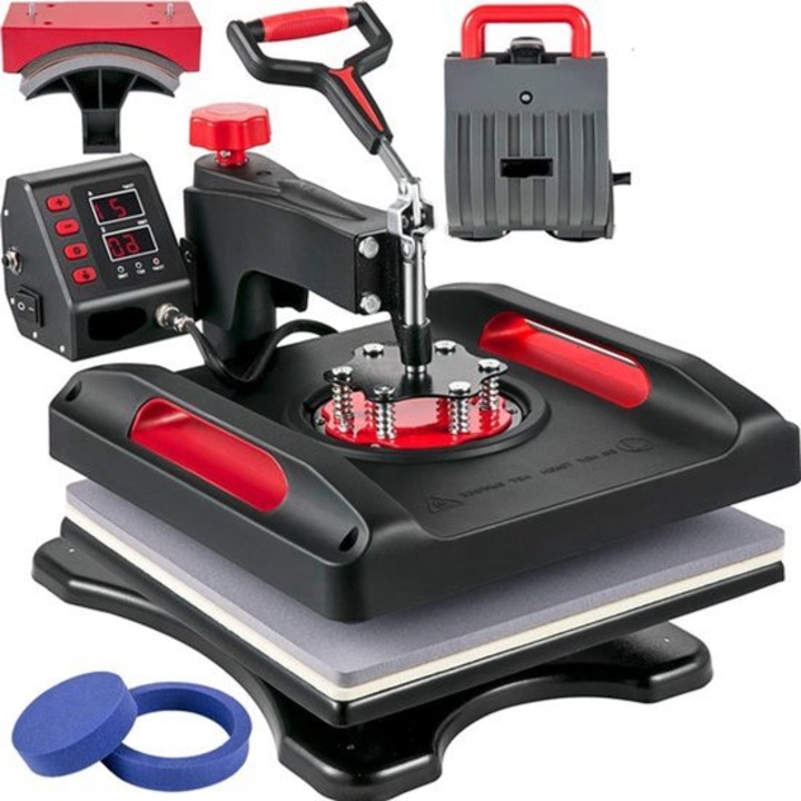 Presa termica 5-in-1 Corenia QRE-1008919, 360° swing-away, sistem dublu-tub de incalzire, display digital, max. 210°C, platou 15 x 15 inch, rosu
