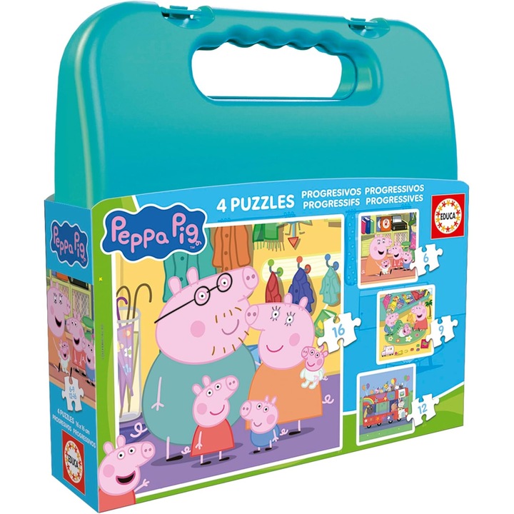 Комплект от 4 пъзела Educa Peppa Pig, 6-16 части, куфарче, 16x16см, 3 години+