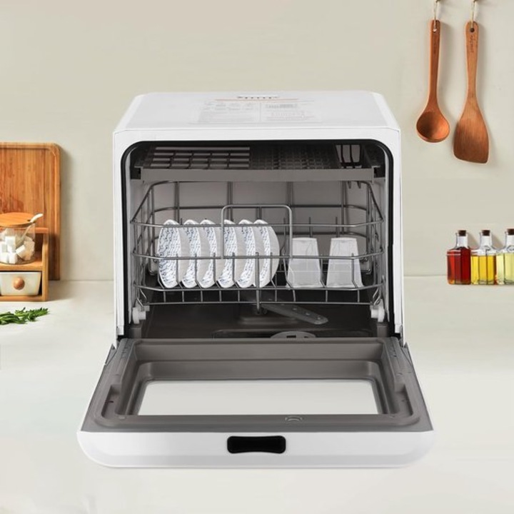 Masina de spalat vase compacta Corenia QRE-1019501, 4 programe (ECO, Puternic, Rapid, Fruit), sterilizare UV, uscare cu aer cald, 800 W, capacitate pentru 3–5 persoane, alb, 43 x 39 x 46 cm