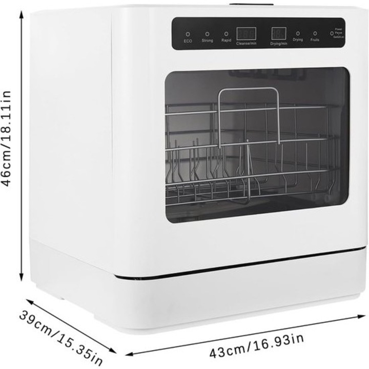 Masina de spalat vase compacta de masa Corenia QRE-1008210, 800W, 4 programe (ECO/Strong/Rapid/Fruit), UV, uscare cu aer cald, 6–8 seturi, alb, 43 x 39 x 46 cm