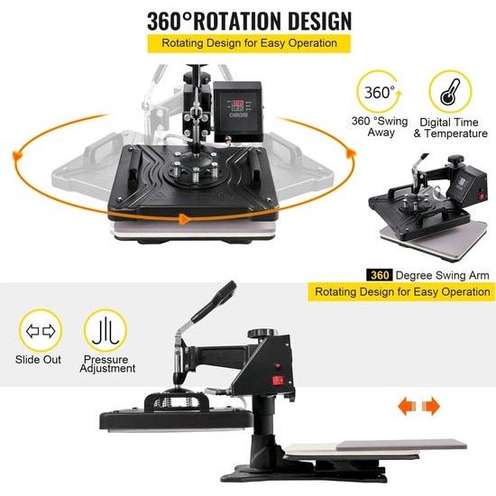 Presa termica multifunctionala Corenia QRE-4500175 8‑in‑1, 15 x 15 inch (38 x 38 cm), 1400W, temperatura 95–232°C, brat rotativ 360°, panou LCD digital, negru