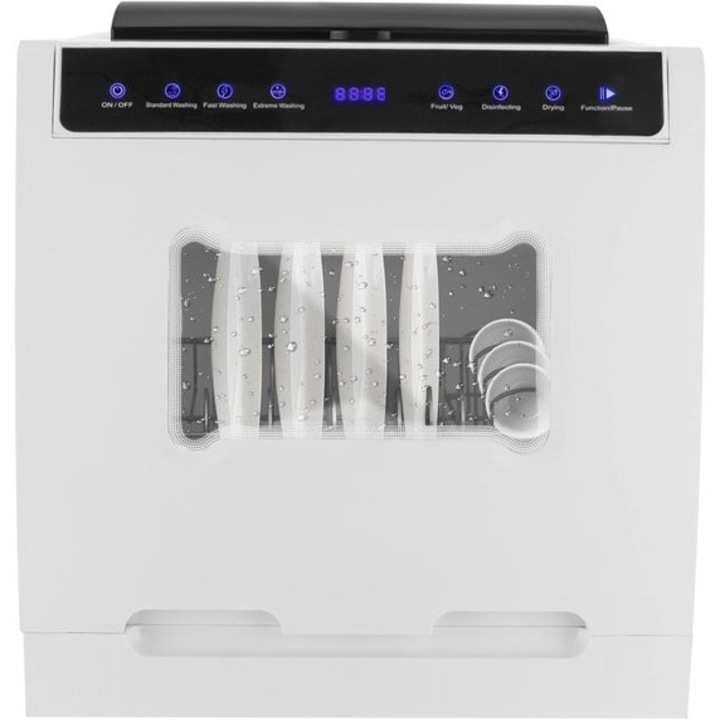 Masina de spalat vase compacta Corenia QRE-1008649, tip blat, touch control, 4 programe, functie dezinfectare/sterilizare, usa transparenta, alb, 45 x 40 x 40 cm