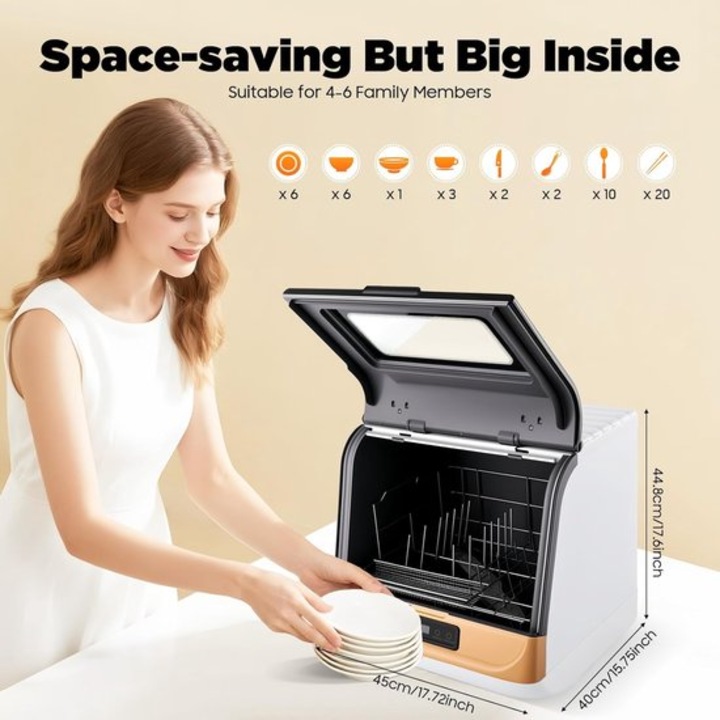 Masina de spalat vase compacta de masa Corenia QRE-1015718, 3 programe (30/40/50 min), 800 W, uscare cu rest de caldura, brat pulverizare 360°, 4–6 seturi, 45 x 40 x 44,8 cm, alb/auriu