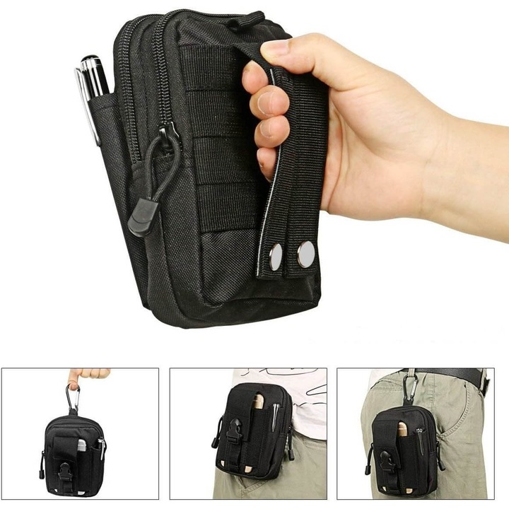 Тактическа Чанта за Колан MOLLE, 900D Найлон, Водоустойчива, 17x11x5 см, 2 Джоба с Цип, Джоб за Телефон до 7", EDC Органайзер за Туризъм, Къмпинг, Преходи, Пътуване и Ежедневна Употреба