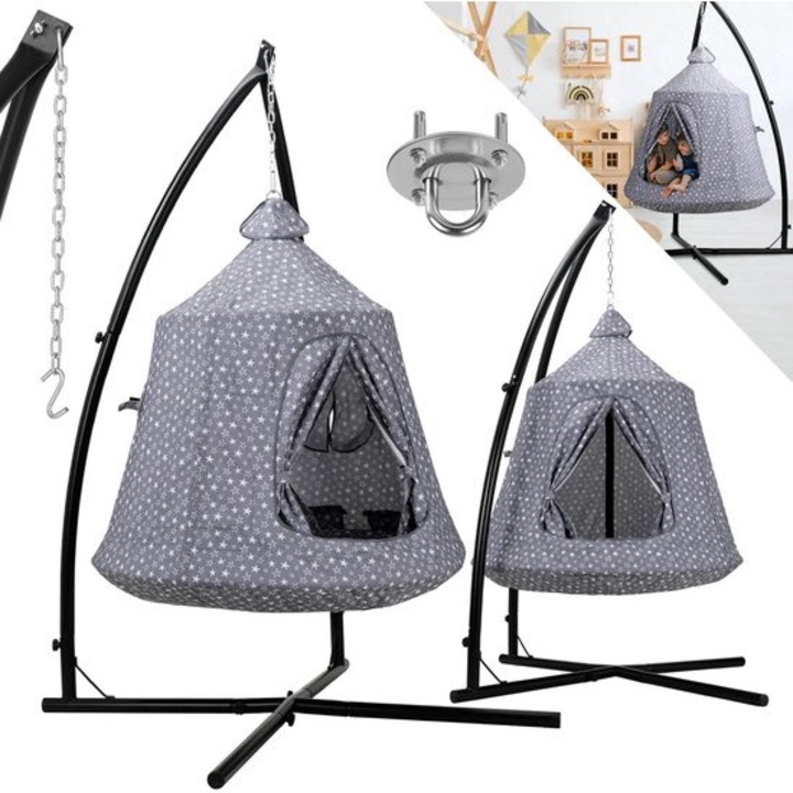 Set hamac cu suport si cort tip copac Corenia QRE-1009684, suport din otel vopsit, cort din 600D Oxford rezistent la intemperii, perna gonflabila, banda LED, gri/alb