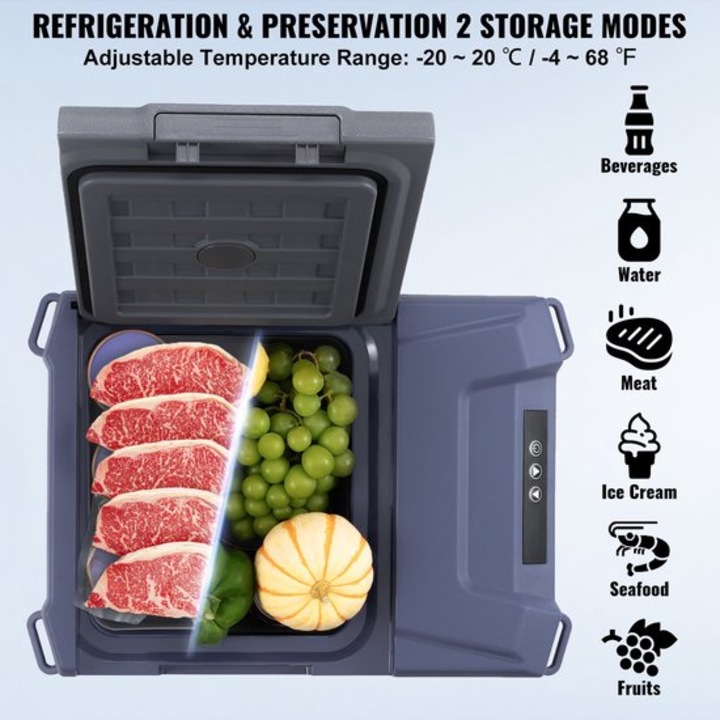 Frigider portabil Corenia QRE-1008657, cu compresor, temperatura reglabila -20°C–20°C, Bluetooth si control prin aplicatie, functionare 12/24V & 220–240V, gri-inchis, 9 L