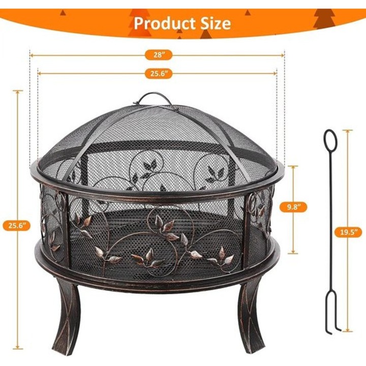 Vas pentru foc Corenia QRE-1010211, vuurschaal din fonta cu model cerb, inclus ecran pentru scantei, gratar pentru carbuni si tija de manipulare, maro bronzat, O71 x 65 cm