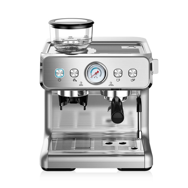 Espressor, aparat de cafea, semi-automat 20 bar, rasnita de cafea integrata, spumator de lapte cu abur, carcasa inox, argintiu