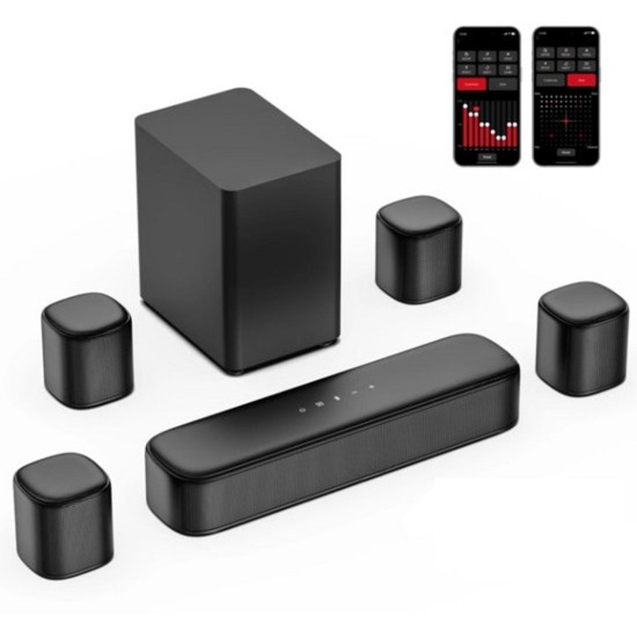 Soundbar Corenia QRE-1008718 7.1 Dolby Atmos, 350W, cu subwoofer si 4 sateliti surround, Bluetooth 5.3, HDMI eARC, USB, optica, AUX, control prin aplicatie, microfon incorporat, negru