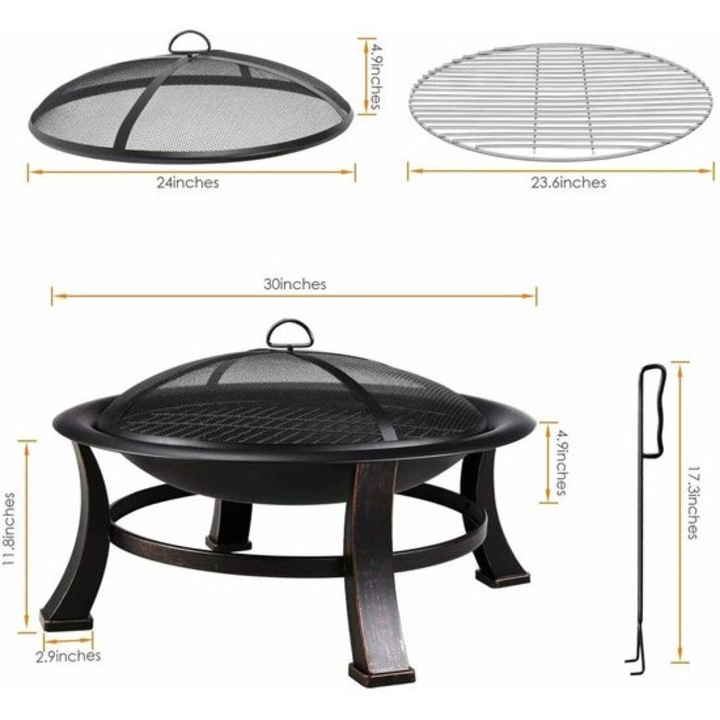 Focar de gradina Corenia QRE-1009947, multifunctional 3-in-1 (focar/BBQ/incalzitor), cuva 76 cm, otel cu strat rezistent la caldura, grila si protectie pentru scantei, husa 600D Oxford inclusa, negru, 76 x 76 x 30 cm