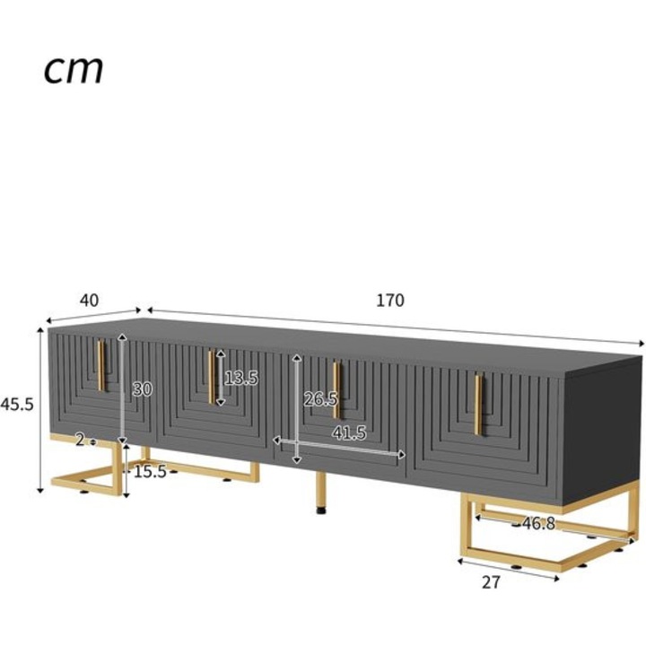 Lowboard TV Corenia QRE-1010677, MDF cu finisaj structurat, accente aurii si cadru metalic, 4 usi cu rafturi interioare si balamale silentioase, gri, 170 x 40 x 45,5 cm