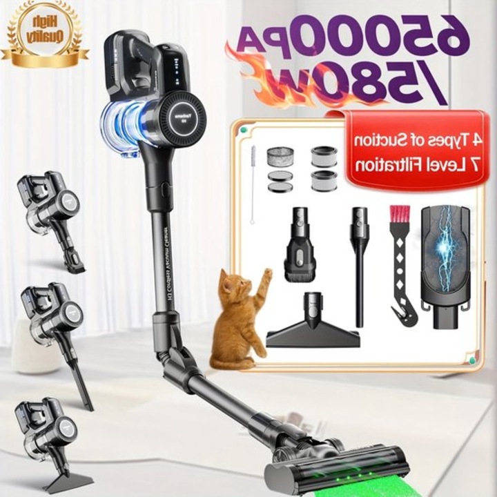 Aspirator vertical fara fir Corenia QRE-1011209, 60 min, baterie 2500 mAh, fara sac, rezervor 1,6 L, sistem filtrare 7 nivele, 4 trepte putere, incarcare USB, set 4 perii, negru