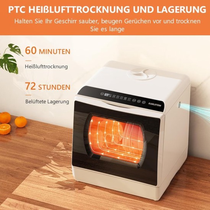 Masina de spalat vase compacta Corenia QRE-1012154, portabila cu rezervor 5L, 5 programe (normal, rapid, eco, baby, fruit), uscare cu aer fierbinte 60 min, Clasa D, alb/negru, 42.5 x 43 x 45.7 cm