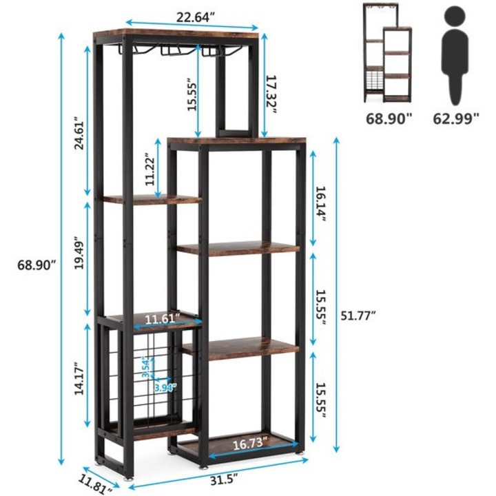 Suport pentru sticle de vin Corenia QRE-1011651, podea, design 3-in-1 pentru 12 sticle si 6–9 pahare, cadru metalic cu polite din lemn, suport pahare reglabil (stanga/dreapta), negru/maro, 80 x 31,5 x 170 cm