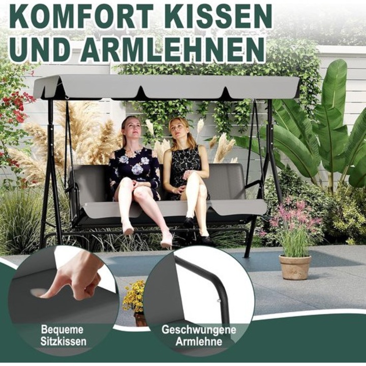Balansoar de gradina Corenia QRE-1012960, 3 locuri, cadru din otel vopsit, acoperis reglabil din poliester, rezistent la intemperii, 193 x 110 x 152 cm, gri