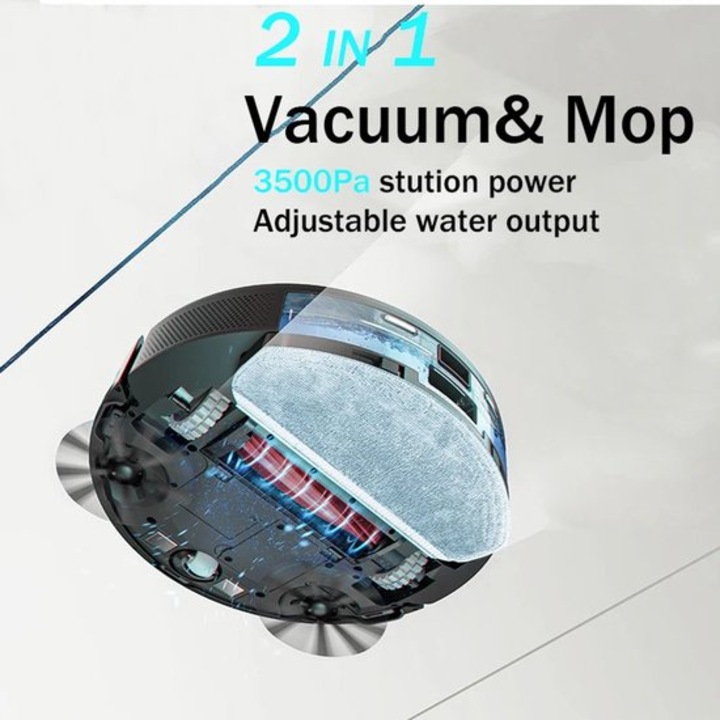 Robot aspirator Corenia QRE-1012613, cu mop 2-in-1, 3500Pa, statie auto-leding si auto-curatare, rezervor praf 570 ml (pana la 45 zile), O 32 cm, 7,3 cm inaltime, baterie 120 min, Wi‑Fi, Alexa, gri inchis