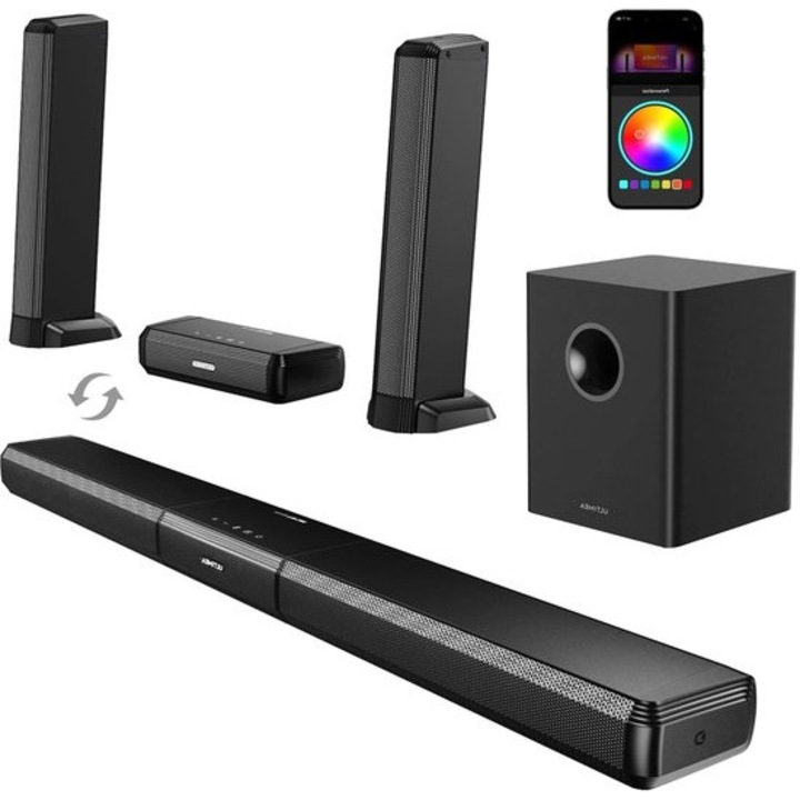 Soundbar Corenia QRE-1013906, 5.1 detasabil cu Dolby Atmos, 320W, subwoofer separat, HDMI-eARC, Bluetooth 5.3, iluminare RGB controlata prin aplicatie, negru