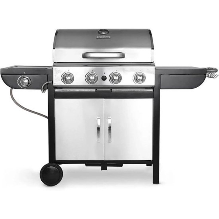 Gratar pe gaz Corenia QRE-1014022, 4+1 arzatoare inox (4x2,93 kW + lateral 2,33 kW), termometru in capac, gratare emailate duble, troler cu usi si roti, inox/negru, latime 133 cm