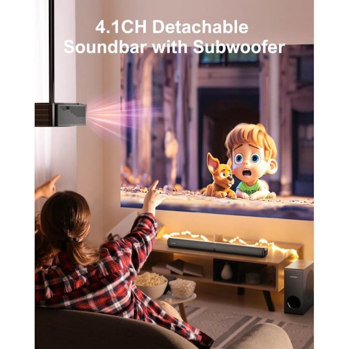 Soundbar Corenia QRE-4415181 4.1CH detasabil cu subwoofer cablat, 200W, Bluetooth 5.3, HDMI ARC/optica/USB, negru