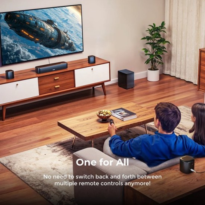 Soundbar Corenia QRE-4201242 7.1ch Dolby Atmos cu 4 subwoofere BassMX wireless si 4 difuzoare surround, HDMI eARC, Bluetooth 5.3, 350W, negru