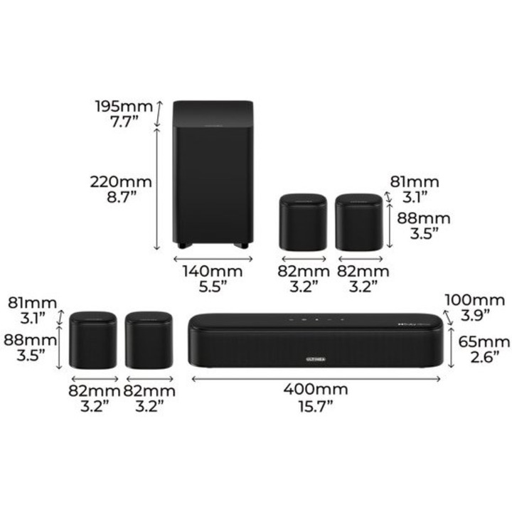 Sistem soundbar Corenia QRE-1012797 7.1 surround cu Dolby Atmos, difuzoare spate wireless, subwoofer 4 inch cablat, HDMI eARC, control prin aplicatie, alb