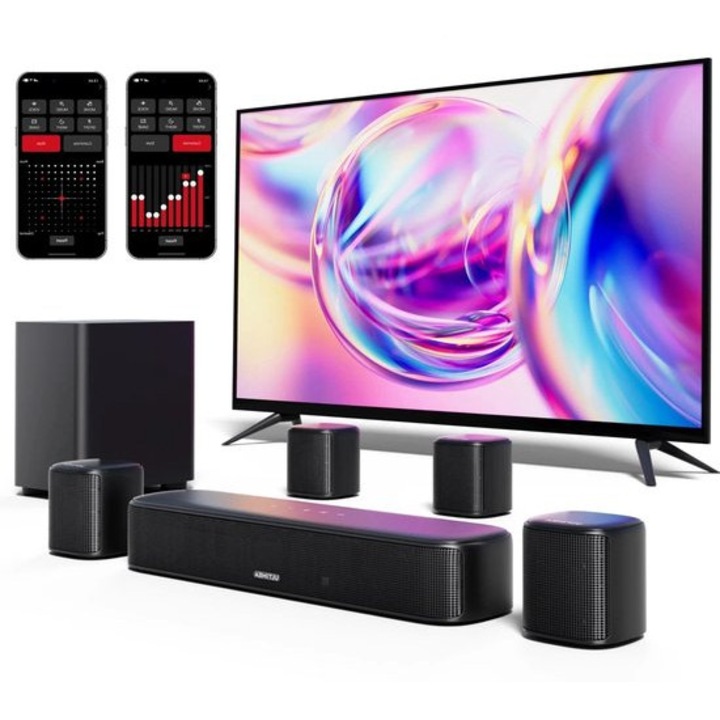 Soundbar Corenia QRE-1014092, sistem home cinema 7.1 de 330W, subwoofer cablat, 4 difuzoare surround (2 wireless), Bluetooth 5.3, ARC, USB, Optical, control prin aplicatie, 121 preseturi EQ, negru