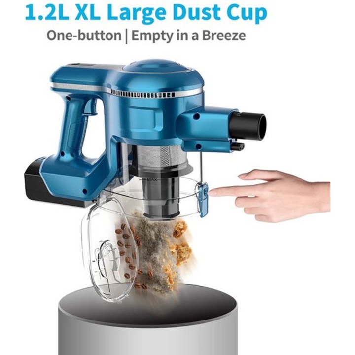 Aspirator vertical fara fir Corenia QRE-1013043, ciclonic 25 kPa, 250W, Li-ion 45 min, rezervor 1–2 L, perie turbo si perie acaricida, fara sac, albastru