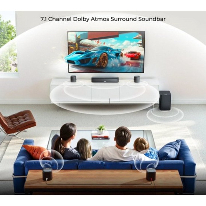 Soundbar Corenia QRE-1015114, 7.1 Dolby Atmos 350W cu subwoofer si 4 difuzoare surround, Bluetooth 5.3, HDMI eARC, Optical/USB/AUX, negru
